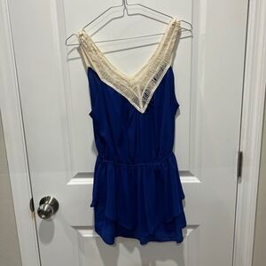 Innovation Limited Royal Blue Crochet V Neck Ruffle Tiered Top Small